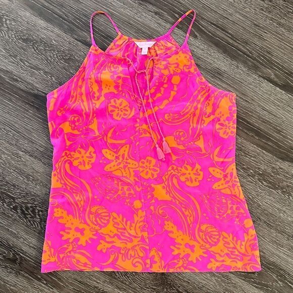 Lilly Pulitzer Finn Silk Halter Tank Top Seaesta Pink New - Picture 1 of 7